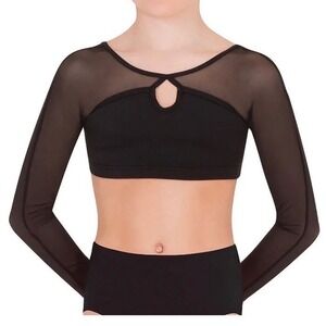 Body Wrappers Premiere Black Mesh Long Sleeve Keyhole Dance Crop Top 12-14